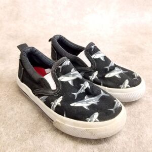 Falls Creek Kids Size 9 Black Sharks Print Slip On Casual Flat Sneakers